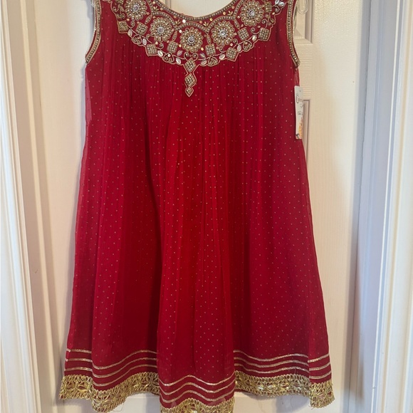 Eid / Diwali Red and Gold Embellished Formal dress for girls. 9-10 years